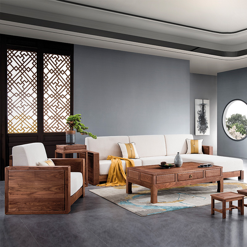 North American black walnut new Chinese style furniture chaise sofa, solid wood living room combination fabric sofa