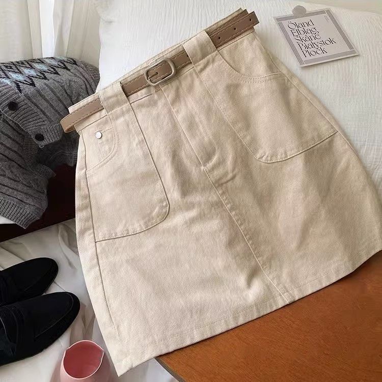 高腰字粉色牛仔半身裙女学院风小个子配腰带气质显瘦防走光短裙