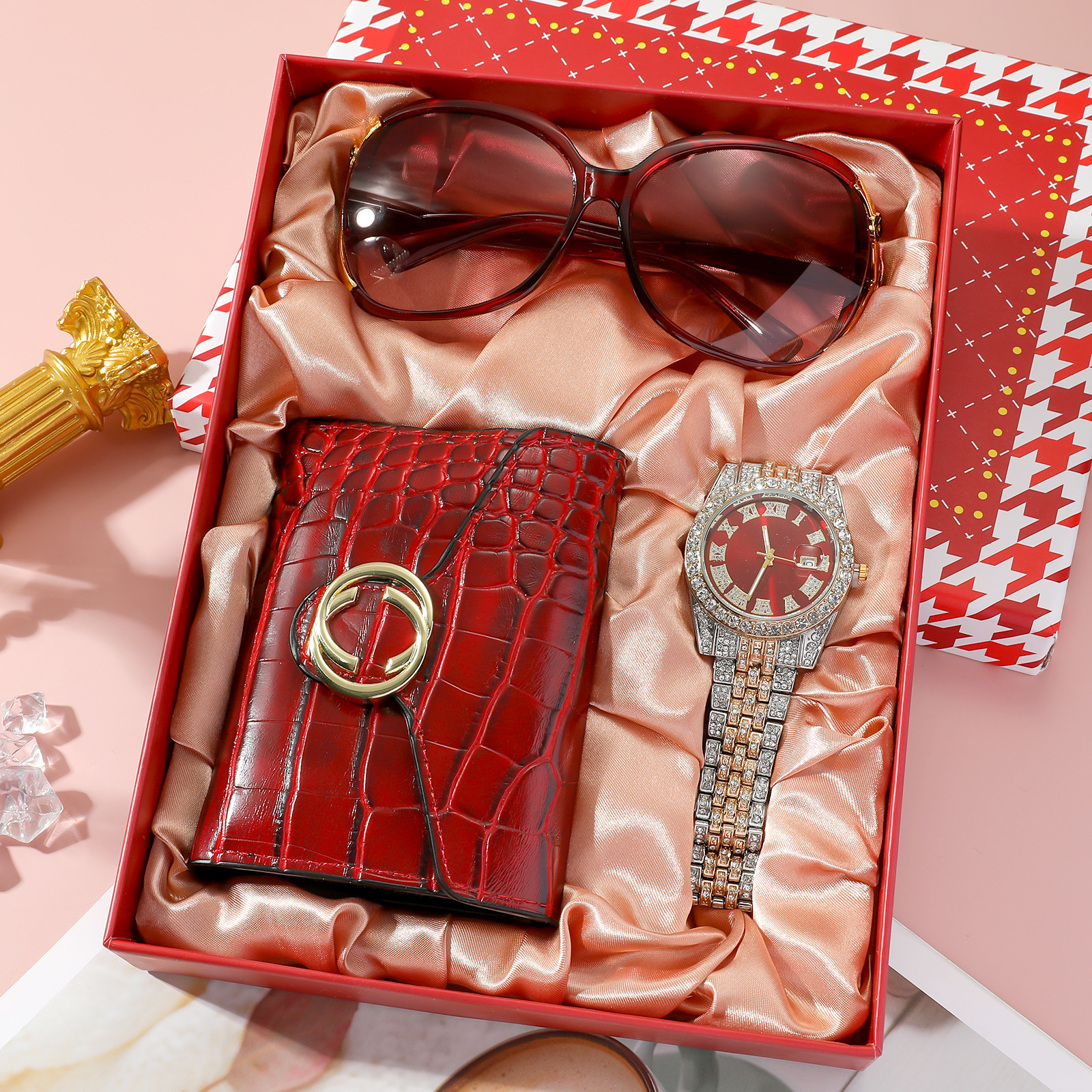 Set de Reloj para Mujer en Caja de Regalo, Reloj Rojo + Cartera + Gafas de Sol + Perfume, Set de 3 Piezas