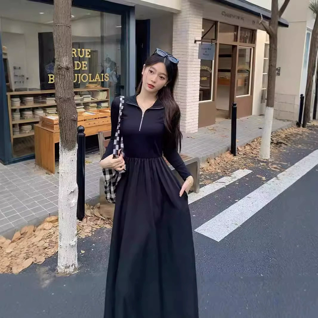 Женское французское платье с длинными рукавами женское осеннее и зимнее новое темперамент Hепберн стиль маленький черный с длинной юбкой внутри