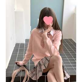 东京岁时记jk外套粉色针织V领套头毛衣女春秋宽松纯棉上衣灰野川