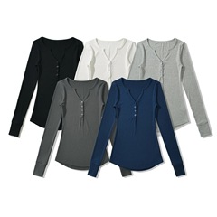 ネットの赤い修身の深いvネックの長袖のtシャツの女性の韓国版のchiの弾力性のガードルのカジュアルなボタンの純色の底のシャツ
