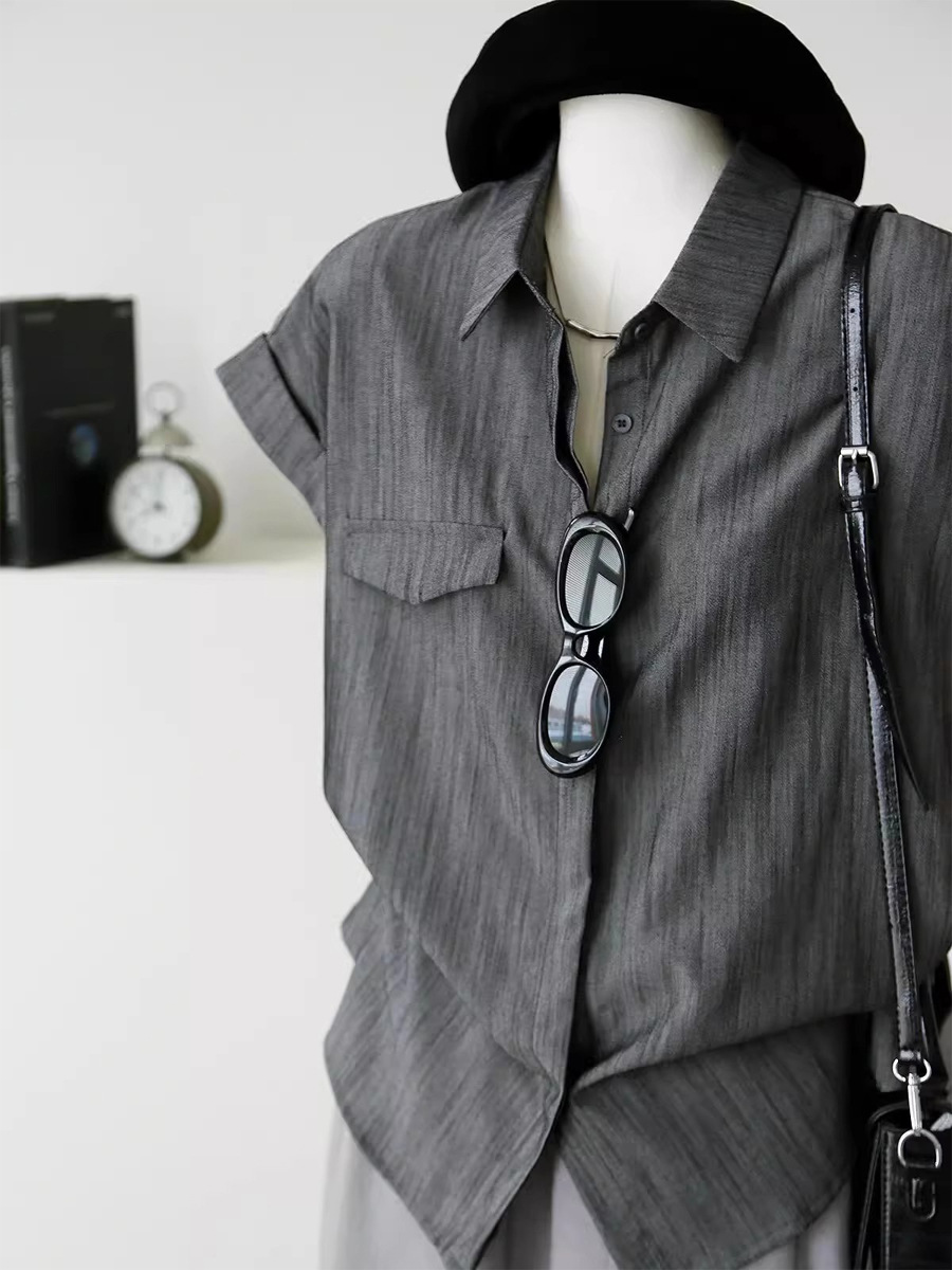 Áo sơ mi nữ ngắn tay dáng rộng chất liệu linen mùa hè — vải lanh màu xám chi tiết 3