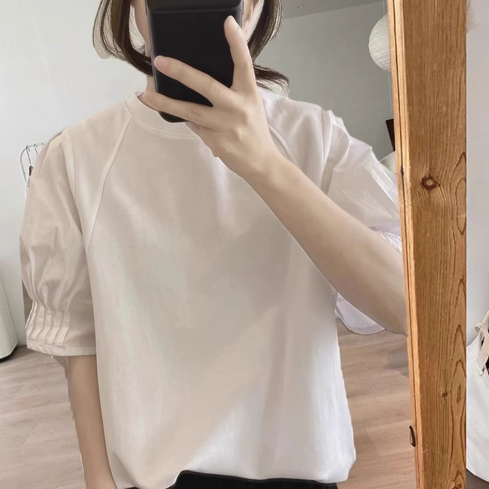 Áo thun nữ cổ tròn tay ngắn dáng rộng phối xếp li giảm béo — Màu đen tay năm tấc chi tiết 5