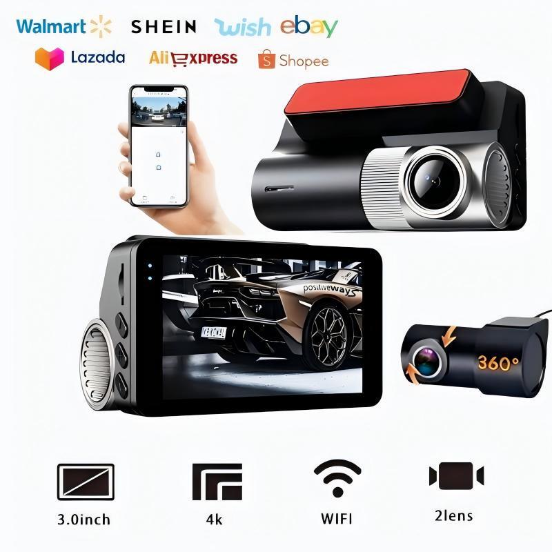 New hot-selling 4K dashcam with front and rear dual recording, WiFi mobile phone connectivity, high-definition night vision, wide-angle reversing image