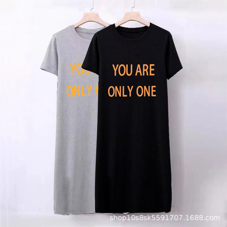 2024 년 새 여름 반팔 티셔츠 원피스 한국 느슨한 무릎 긴 원피스 인스타그램 패션 원피스 여성의 중간 길이 여름