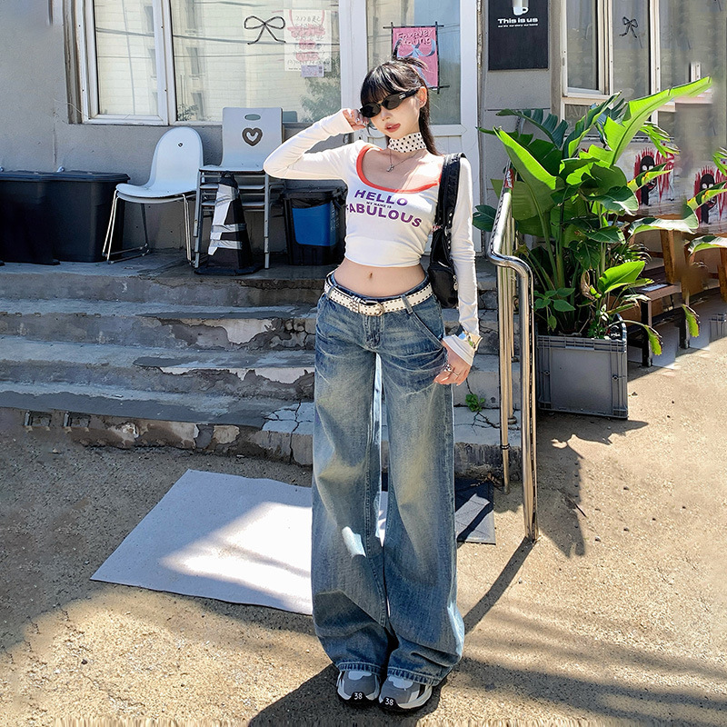 [Today Yin] American retro low waist loose straight leg Joker jeans flared pants (two versions)