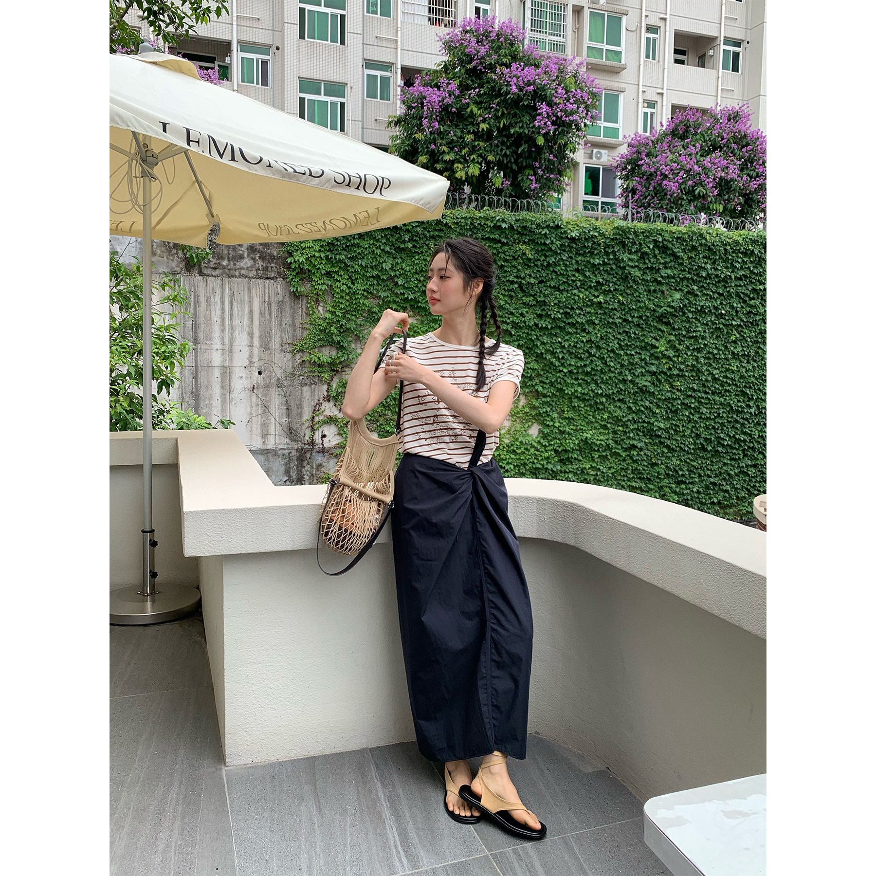 【特价不退不换】NEIHE内赫2025条纹拼接撞色连衣裙女夏季长裙子