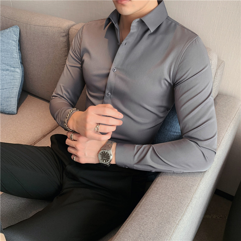 2024 High-grade Grey Long-sleeved Suit Shirt Men's Stretch Inner Korean Style Slim-fit Business Short-sleeved Base Shirt