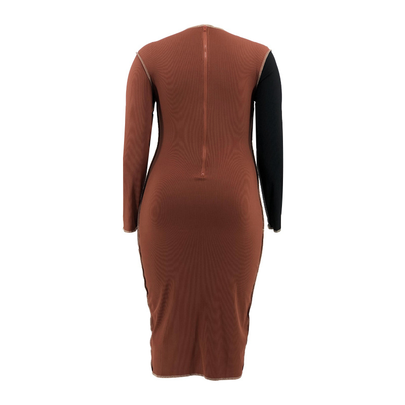 Regular Dress Elegant Round Neck Patchwork Rib-Knit Long Sleeve Color Block Midi Dress Daily display picture 49