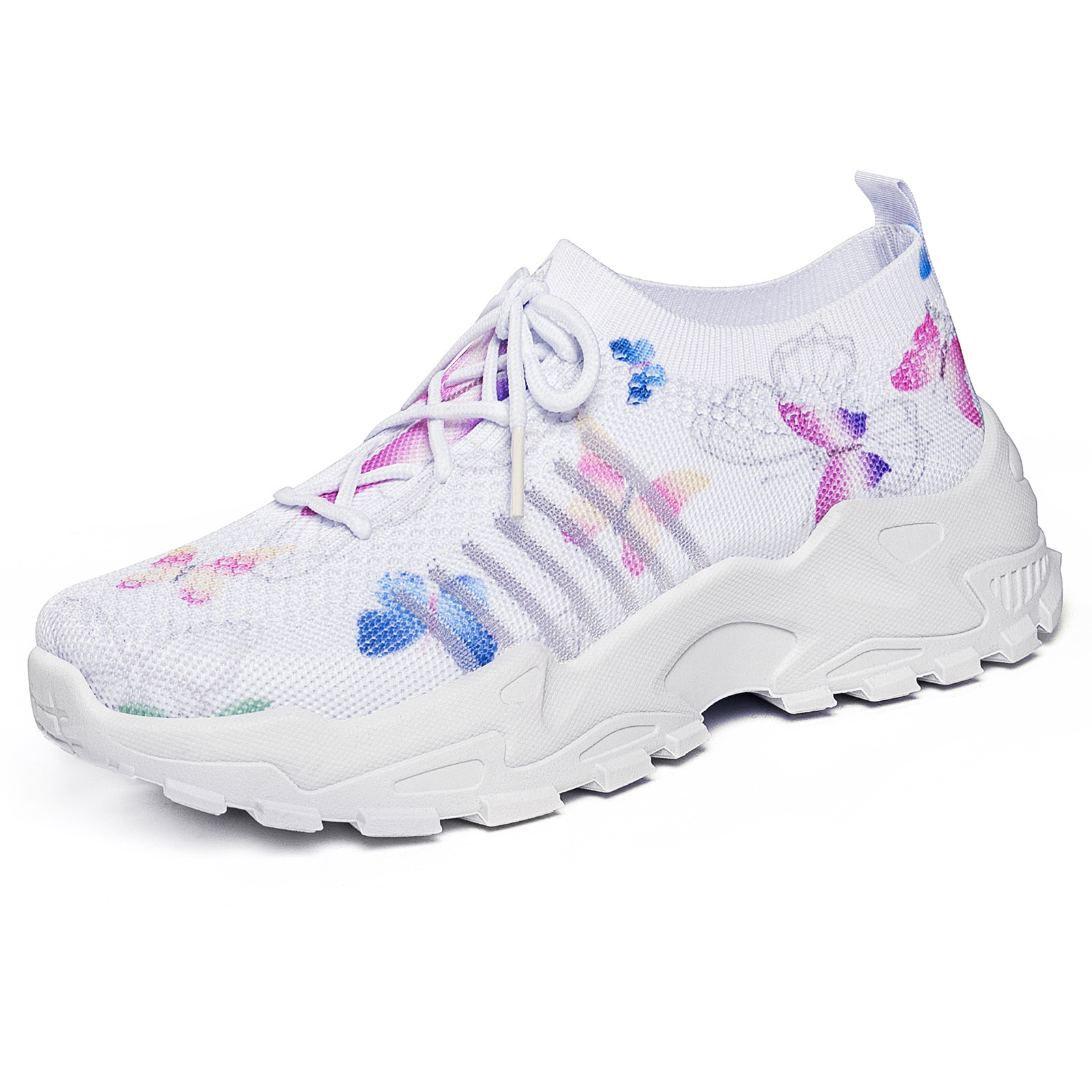 Zapatos de mujer transfronterizos de estilo europeo y americano aumentan los zapatos casuales con patrón de mariposa, zapatos de tejido TEMU, zapatos deportivos con suela gruesa.