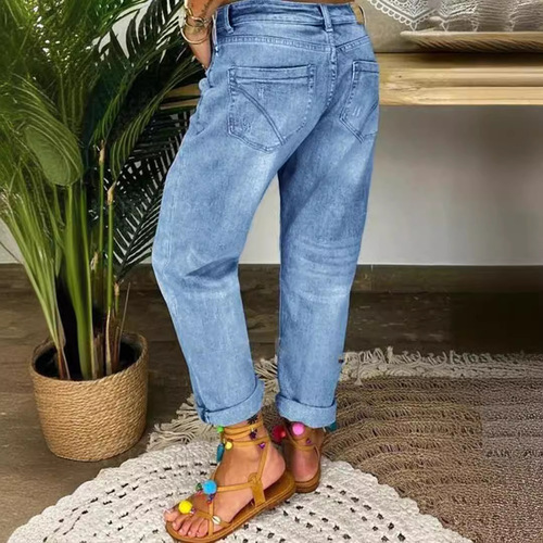 2025 European and American Cross-border New Blue Hole Jeans Women's Loose Straight Leg Casual Pants In Stock Denim Fabric