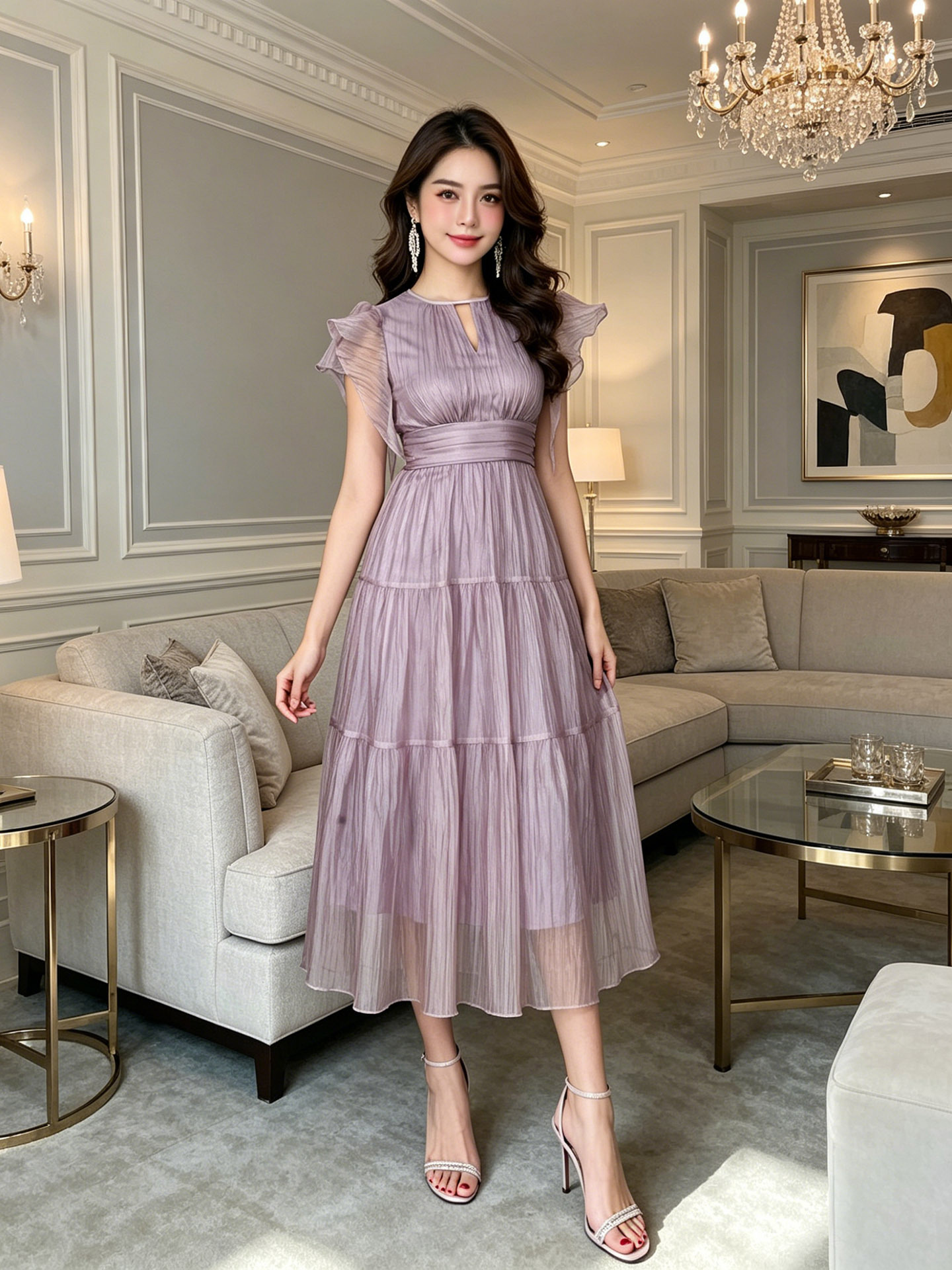 Váy maxi tay áo bay chữ A thắt eo kiểu Pháp mùa hè — Khoai tây tím