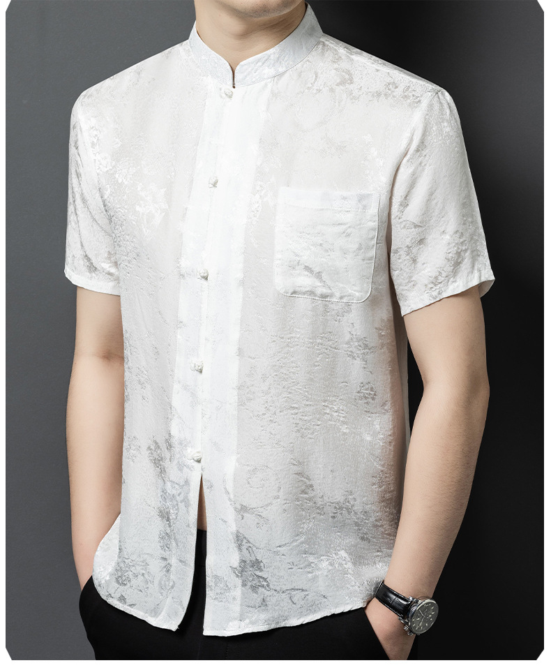 Áo sơ mi nam cổ đứng tay ngắn chất lụa tơ tằm jacquard phong cách Trung Hoa — Màu xám 25169 chi tiết 10