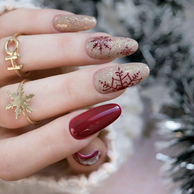 Medium Oval wine red Laser Gold Glitter Snowflake Design Christmas Winter Wear Manicure Nails