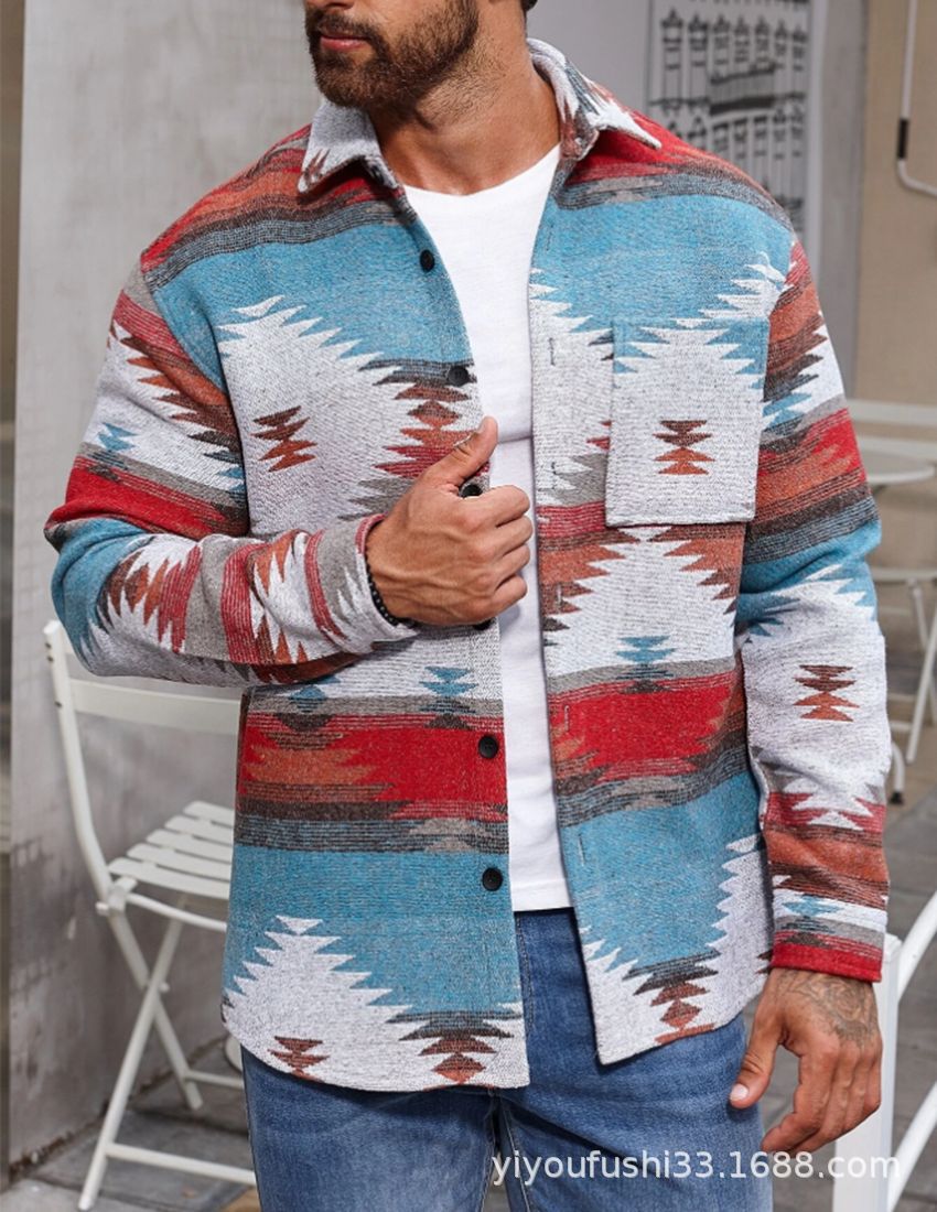 Amazon 2023 Otoño e Invierno Nuevos hombres europeos y americanos de un solo cuello de pecho patrón geométrico Jacquard abrigo de lana de los hombres de cercanías