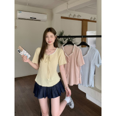 2025夏の新型太ったmmの大きいサイズのレースは丸首の半袖tシャツのフランスの気質の甘い上着をつなぎ合わせます。