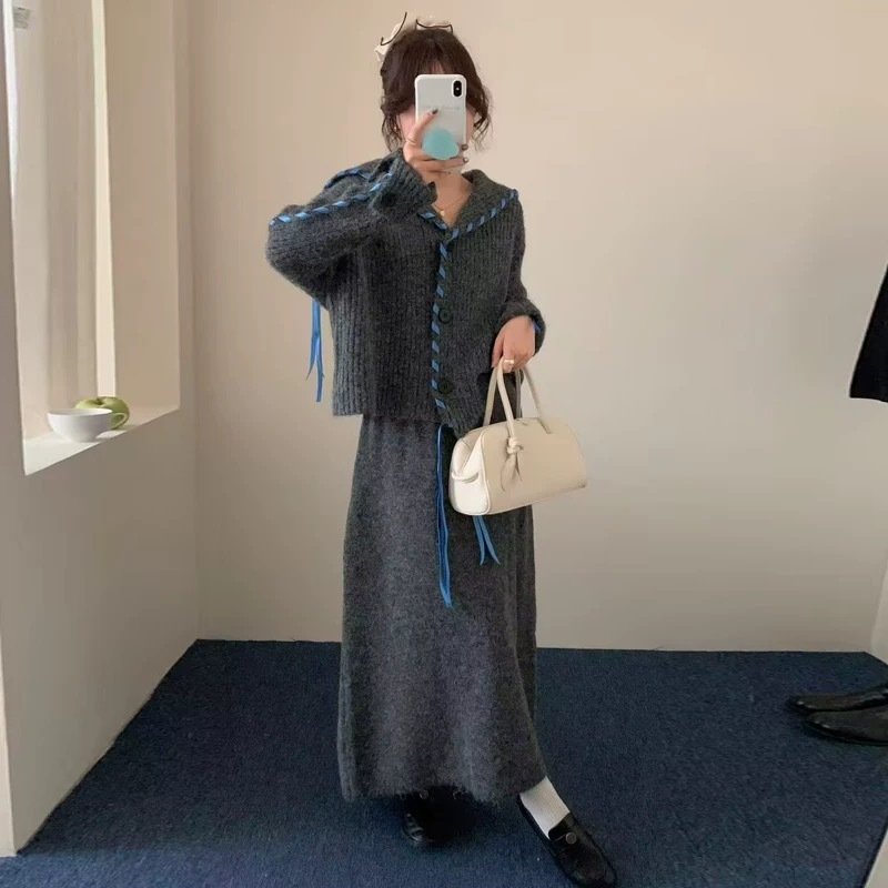 2025新款时尚针织套装女设计感飘带大翻领开衫＋半身裙两件套秋冬|undefined