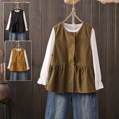 秋季全棉马甲外套女宽松显瘦圆领减龄抽绳荷叶边无袖上衣