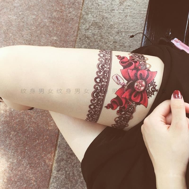 Sexy Thigh Black Lace Tattoo Sticker Waterproof Women's Long-lasting Korean-style Cute Bow Leg Ring Arm
