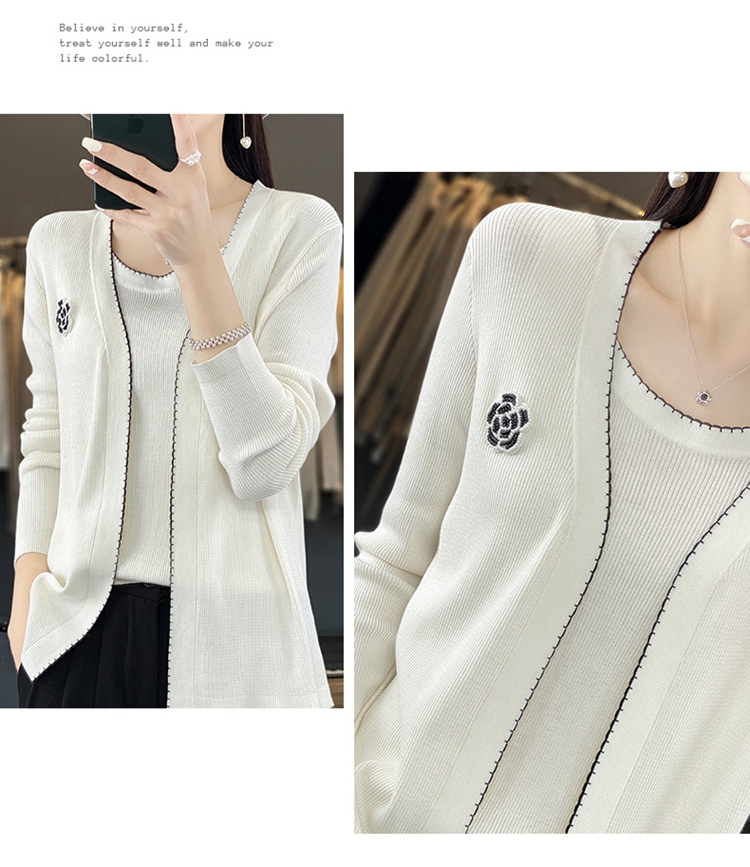 Damenbekleidung, neuer Herbst, V-Ausschnitt, Woll-Cardigan, lockere, modische Colorblock-Jacke mit Hosenträgern, zweiteiliges Set_voghion.com