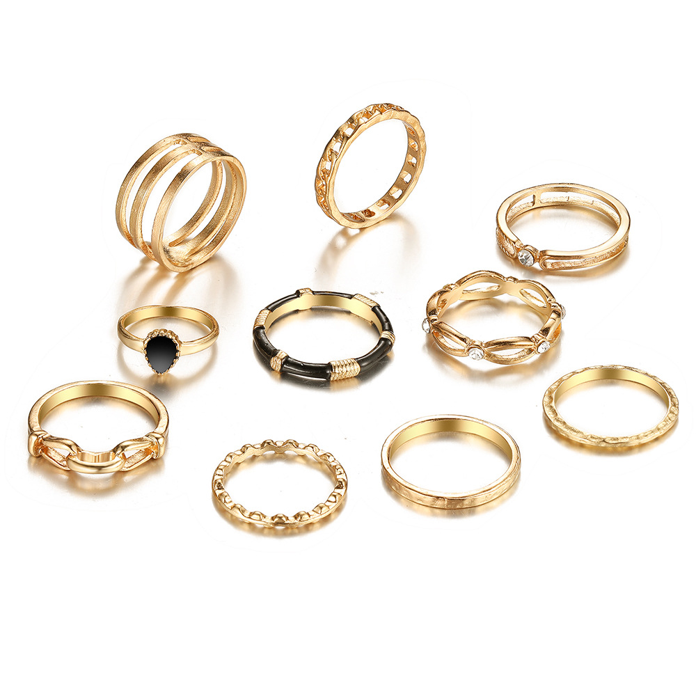 new alloy chain ring creative retro hollow inlaid zircon Black joint ring set of 10 pieces_voghion.com