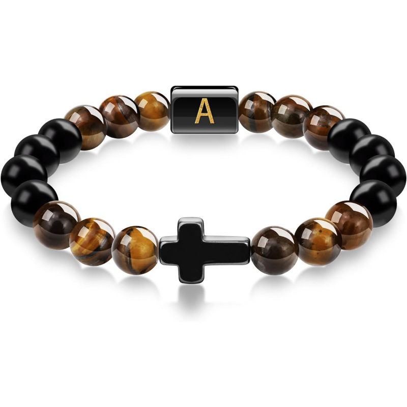 Amazon New Letter Bracelet 8mm Natural Tiger Eye Stone Stretch Bracelet Men's Cross Religious Men's Bracelet