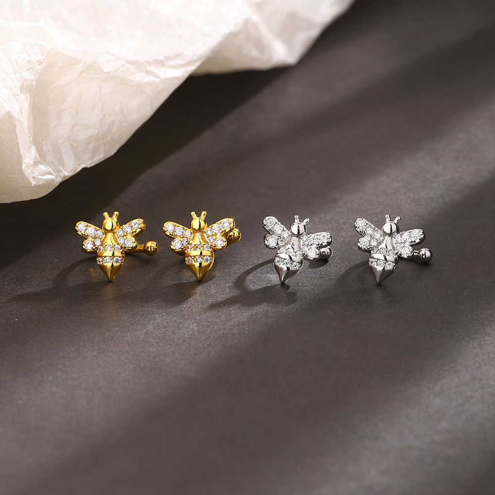 Clip oreja abeja con circonita, sin perforar, estilo ins, joya creativa mujer