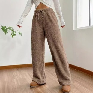 European and American Foreign Trade Women's New Autumn and Winter Solid Color Fashion Plush Casual Pants Loose Comfortable Plush Warm Wide-Leg Pants for Women