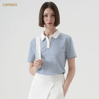 CANVAUS韩版条纹短袖POLO衫春夏季新款翻领撞色休闲宽松通勤t恤女