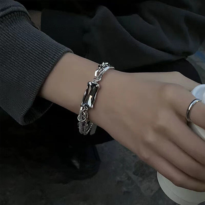 Bracelet Men's Trendy Ins Cold Style Niche Design Women's Light Luxury Distinctive Dark High Grade Grey Diamond Couple's Titanium Steel Bracelet