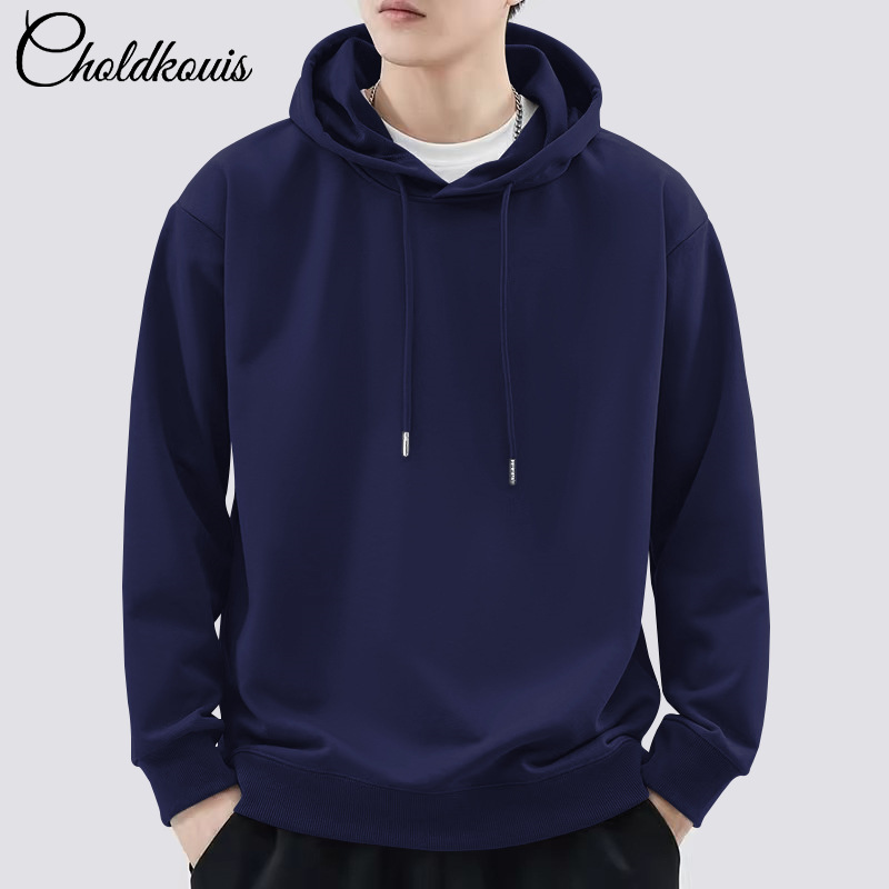 네이비 블루 후드 스웨트셔츠 레귤러 스타일 - 솔리드 컬러 [GL]