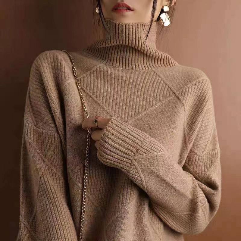 Women's Turtleneck Pullover Sweater Rhombus Pattern Loose Knit_voghion.com