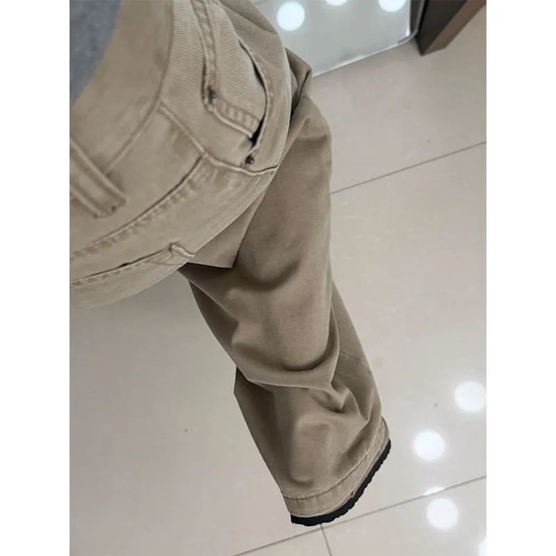 빈티지 워싱 카키 실루엣 와이드 데님 팬츠 여성 디자인 감각 하이웨스트
