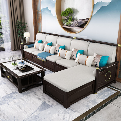 Modern Chinese-style full solid wood sofa set, suitable for small and large household types, living room sofa furniture, modern minimalist storage fabric sofa