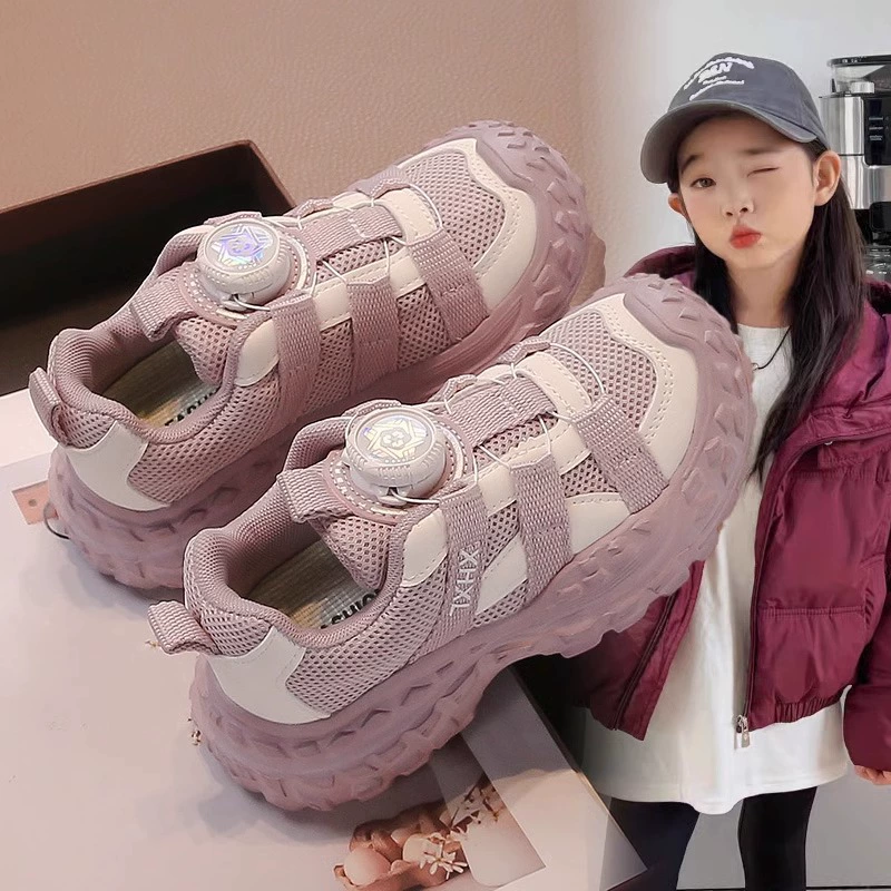 Детские спортивные кроссовки весна 2025, новая модель, дышащие кроссовки для девочек из сетки, модные повседневные кроссовки с вращающейся пряжкой, универсальные кроссовки для мальчиков