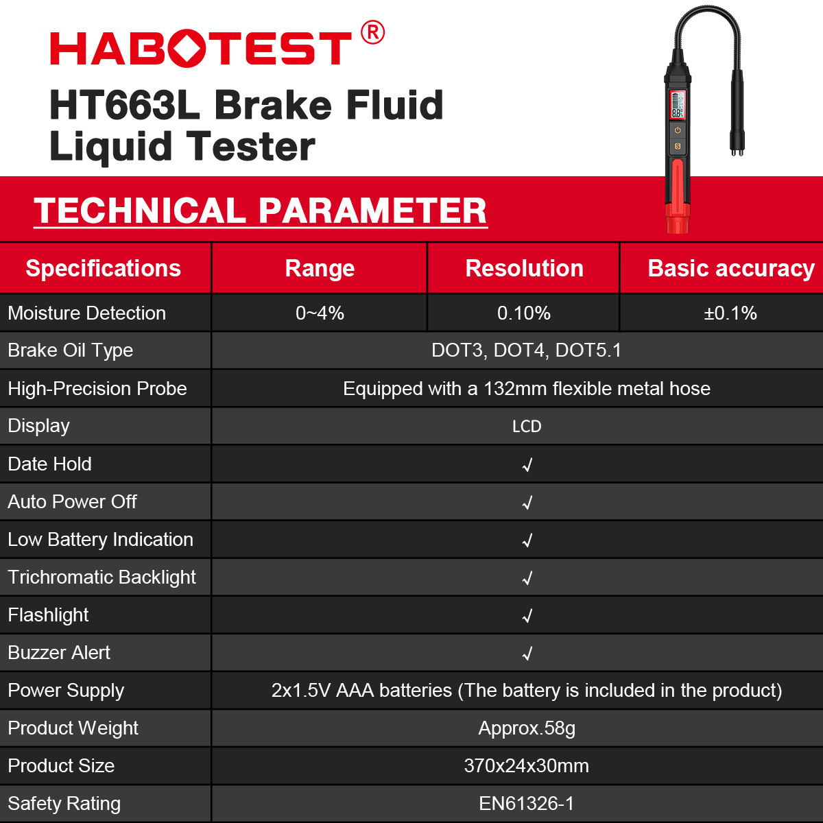 Huabo Ht663L Brake Fluid Tester for Auto Repair Shops, Universal Automotive Tester with Extended Probe, Deep Oil Pot, High Precision