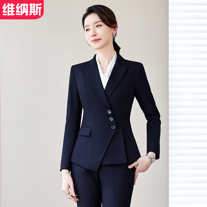 Wholesale Autumn Women's Front Desk Business Attire Hotel Manager Jewelry Store Work Clothes Three-Button Long-Sleeved Blue Suit Wholesale Autumn Women's Front Desk Business Attire Hotel Manager Jewelry Store Work Clothes Three-Button Long-Sleeved Blue Suit