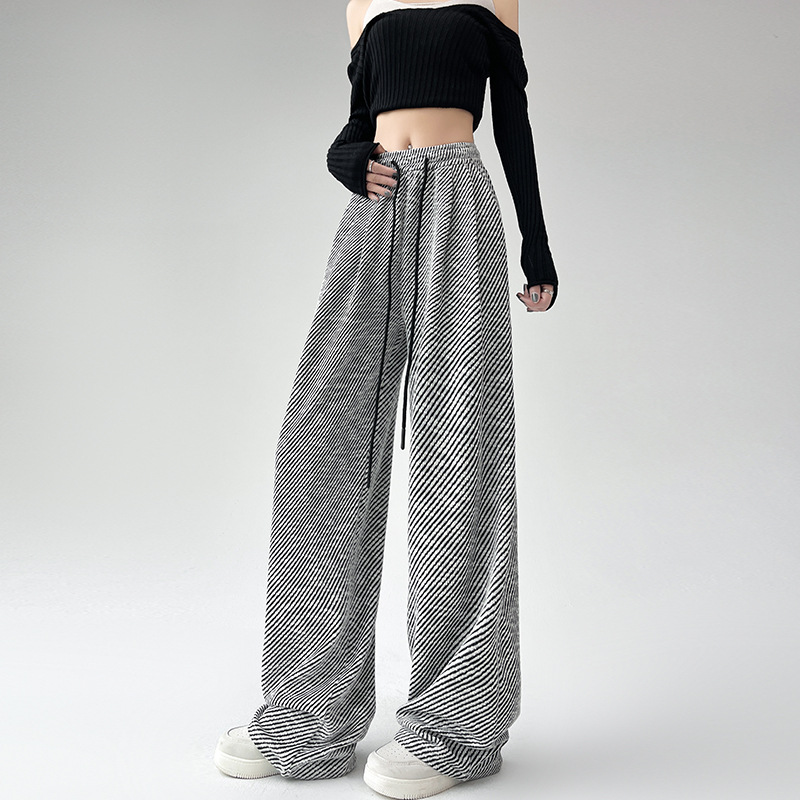 Pantaloni a gamba larga autunnali da donna, larghi e pigri, a righe diagonali nere e bianche, pantaloni sportivi dritti casual_voghion.com