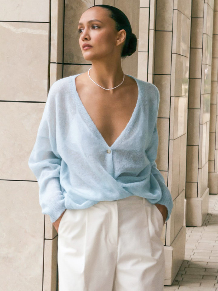 Áo cardigan dệt kim nữ cổ chữ V dáng rộng mỏng nhẹ — Màu xanh dương chi tiết 15