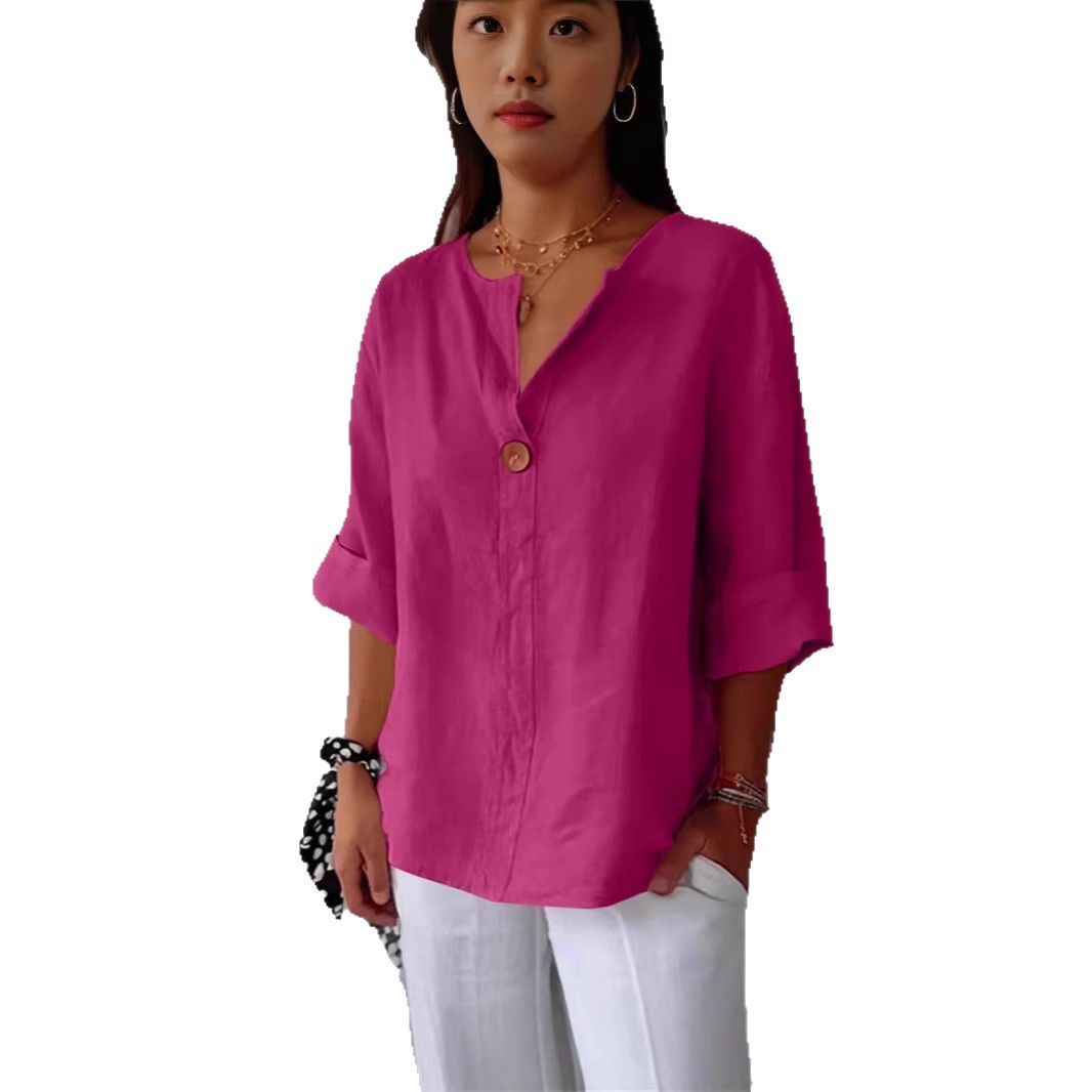 Women's Loose Fit V Neck 7/8 Sleeve Cotton Button Front Tunic Top – Casual Summer Blouse 2026_ecoleips.com