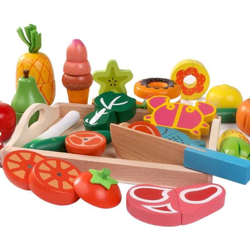 Los niños juegan casa cocina juguetes madera magnética verduras y frutas cortar madera frutas y verduras a granel traje al por mayor