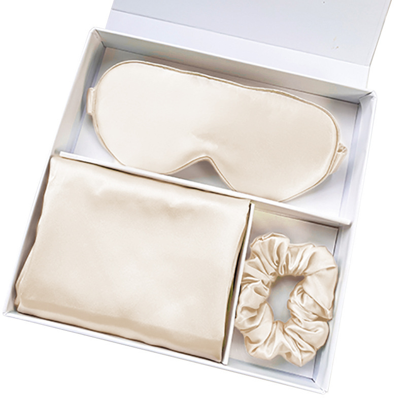 Regalos de alta gama, almohada de seda de alta calidad, cubierta de ojos, anillo de cabello, caja de regalo de seda, 100% seda de morera, conjunto de tres piezas