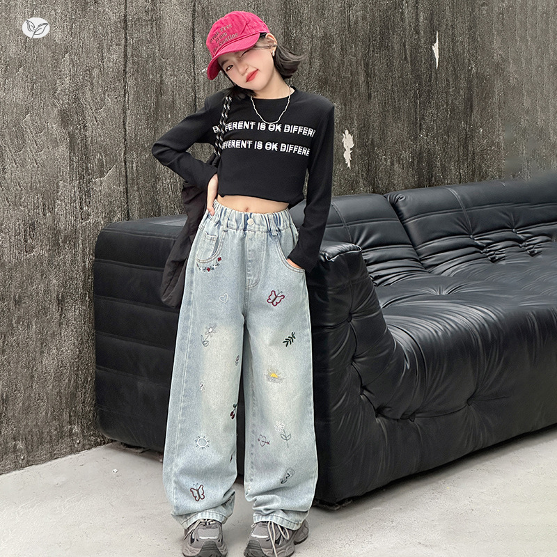女童牛仔裤2025年秋季新款刺绣花朵阔腿裤中大童休闲弯刀裤阔腿裤|undefined