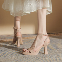 971-0 High Heel Sandals for Women - Spring and Summer New Square-Toe Open-Toe Strappy Waterproof Block Heel Pump - Versatile