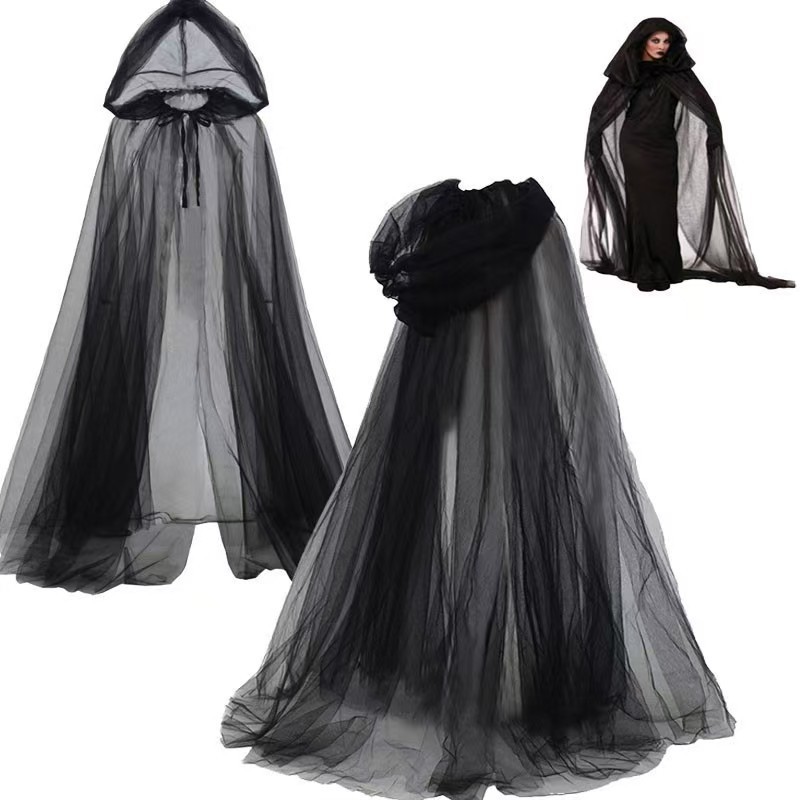 Ropa de malla de Halloween mantas largas mantas de malla blancas y negras mantas encapuchadas mantas de brujas oscuras mantas encapuchadas