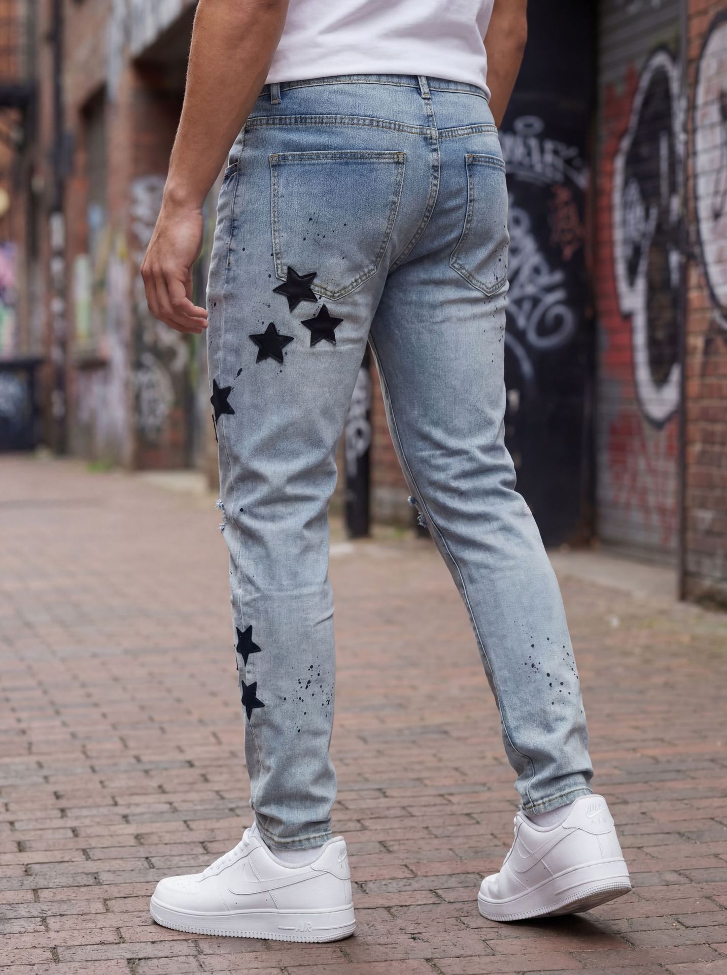 Men's Slim Fit Straight Leg Jeans Star Appliqué Embroidery Splatter Paint Ripped High Street Style Heavy Duty Trendy Brand_mkmklike.com