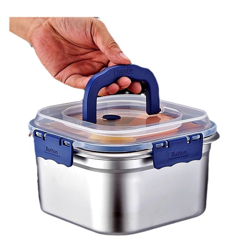 Caja de almacenamiento fresco de acero inoxidable al por mayor, caja bento sellada engrosada de grado alimenticio con tapa, caja de almacenamiento de refrigerador portátil de gran capacidad