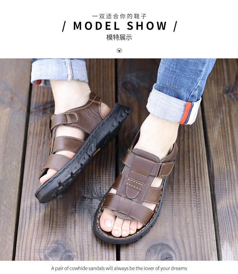 Dép sandal nam da bò hở ngón đi biển chống trượt — nâu, đen chi tiết 14