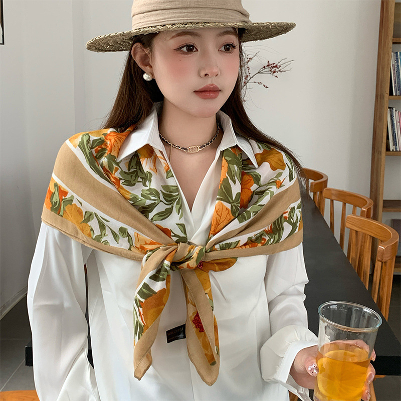 ベージュカシューフラワー 90 綿とリネンの大きな正方形のスカーフ女性の夏薄い旅行日焼け止めショールスカーフ包頭スカーフ|undefined